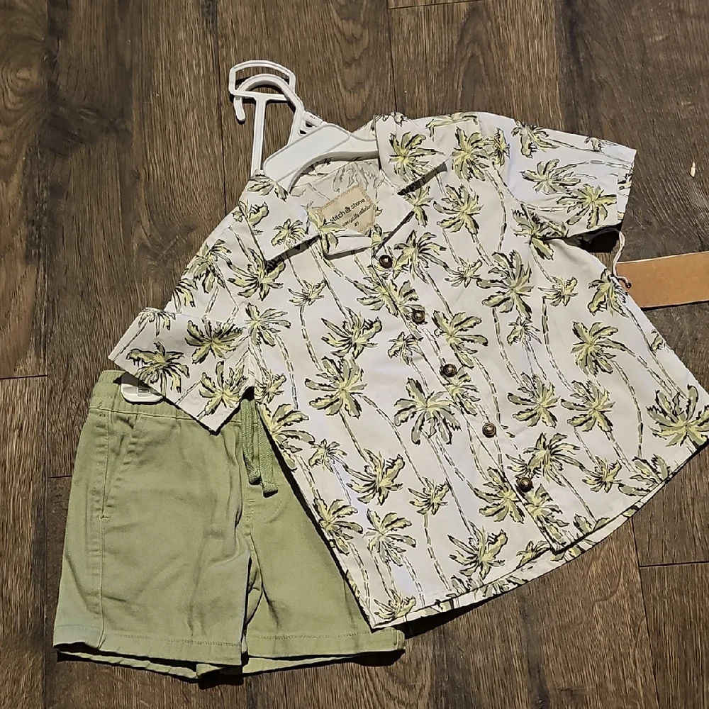 NWT Stitch & Stone Palm Tree Short Set Shirt Sage Toddler Boy 2t Button Down